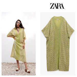 ZARA Women's Embroidered TUNIC DRESS X-SMALL Green Long Shisha Indian Style Maxi